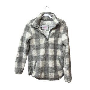 Cozy Sherpa Womens Grey & White Plaid Fleece Pullover Jacket Size S